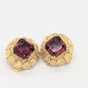 Vintage Jewelry 60's Kenneth J Lane Large Glass Ruby Stone Gold Plated Earrings